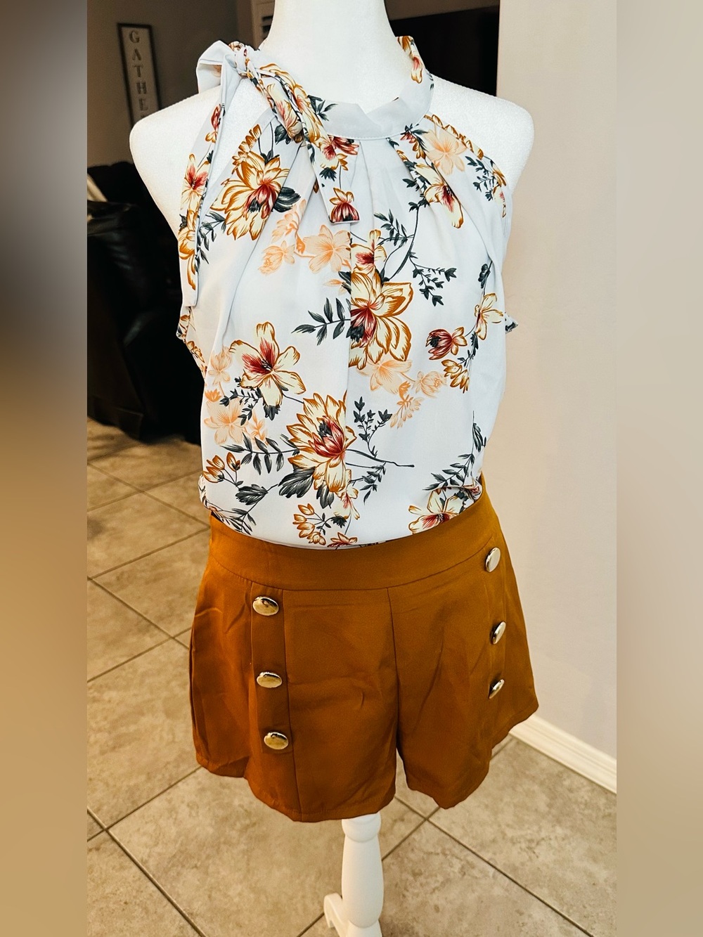 High-Waist Button-Front Women's Shorts in Mustard and floral halter top. (set)